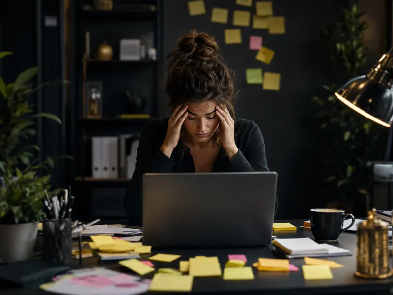 Overwhelmed rep at laptop